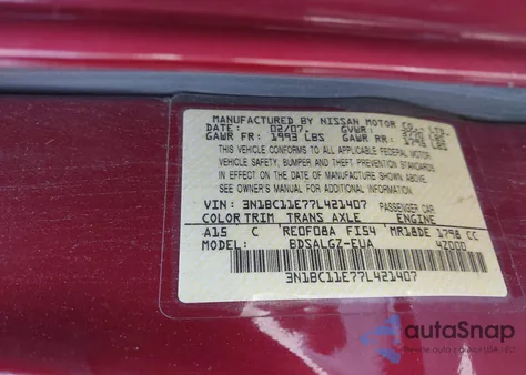 2007 Nissan Versa 1.8Sl from USA, damaged, VIN 3N1BC11E77L421407